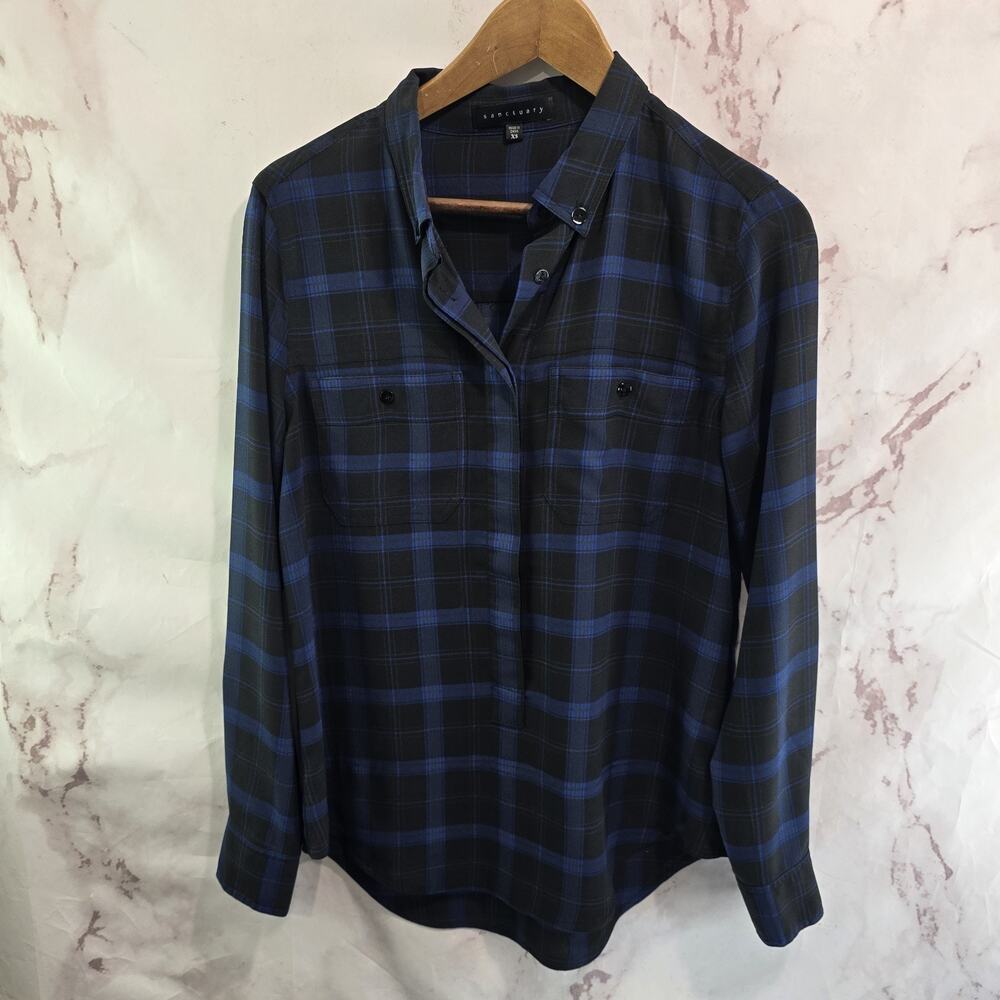 Anthropologie Shirt Womens XS Blouse Button Up Plaid Black Blue Sanctuary